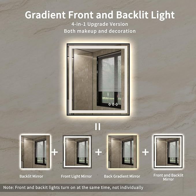 LED Bathroom Mirror, 28x32 Inch Black Framed Gradient Front and Backlit LED Vanity Mirror, 3 Colors Dimmable CRI>90, IP54 Enhanced Anti-Fog Wall Mounted Lighted Bathroom Mirror