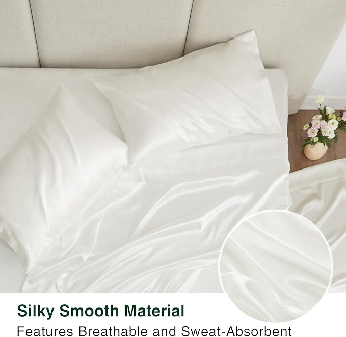 Love's cabin Twin Silky Soft Satin Bed Sheet Set - 3 Piece, Ivory, Luxury Fitted & Flat Sheets, Deep Pockets, Envelope Closure, 1800 Thread Count, Cooling, Breathable, Hypoallergenic