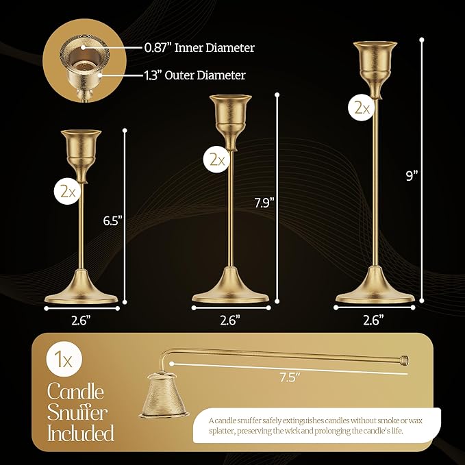 Gold Candleholders for Taper Candlesticks Plus Candle Snuffer – Dining Table Décor Centrepiece - Brass Candelabra Candlestick Holder - Gold Décor for Home Weddings Celebrations Events (Set of 6 Pcs)