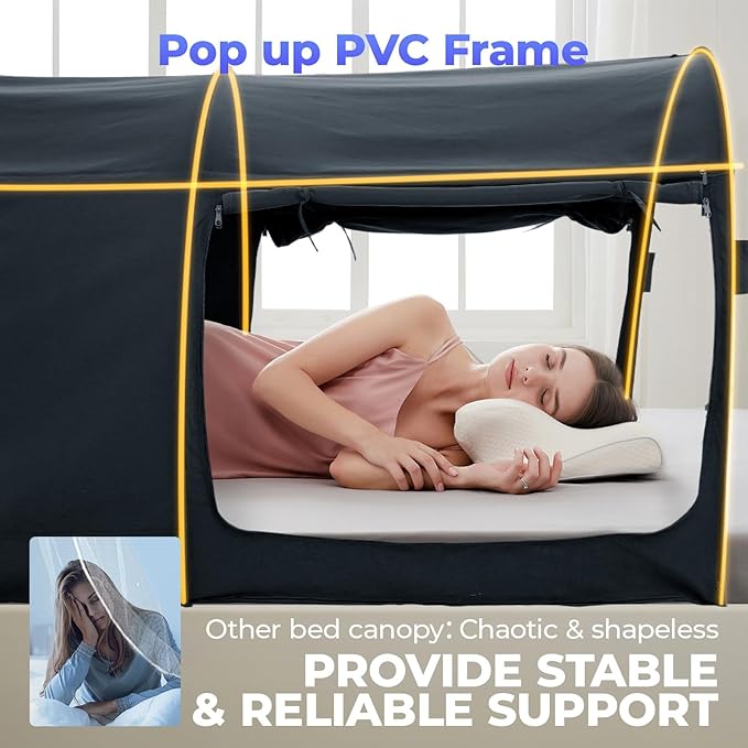 Alvantor Canopy Bed Dream Privacy Space Full Sleeping Tents Indoor Pop Up Portable Frame Curtains Breathable Grey Cottage (Mattress Not Included) Reducing Light, Charcoal (2006)
