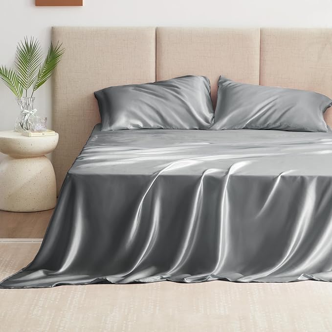 Love's cabin Twin Satin Sheet Sets - 3 Piece Dark Grey Silky Bed Sheets with Deep Pockets, Luxury Silk Feel Satin Twin Size Sheet Set Bedding Set (1 Flat Sheet,1 Fitted Sheet,1 Pillow case)