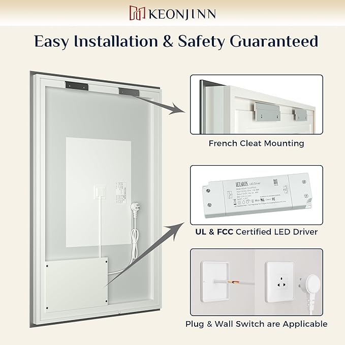 Keonjinn Bathroom Mirror with Lights 60 x 36 Inch, LED Mirror with Backlit, Anti Fog Lighted Mirror with Stepless Dimmable, UL Listed LED Driver, Waterproof, CRI90+, HD Tempered Glass
