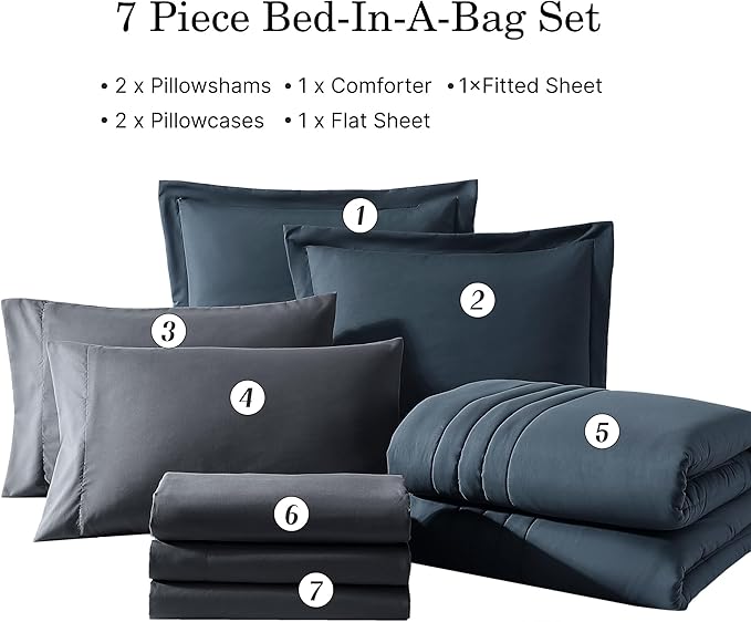 Monbix California King Size Comforter Set - 7 Pieces Bed in a Bag Cal King, Blue Grey Bedding Sets with Comforter, All Seasons Down Alternative Comforter Bed Set with Sheets, Pillowcases & Shams