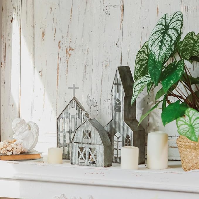 Church Shaped Tea Light Candle Holder Farmhouse Galvanized Metal Candle Holder Vintage Decorative Tealight Holder for Table Centerpiece Decoration - 4.53" x 1.97" x 10.43"