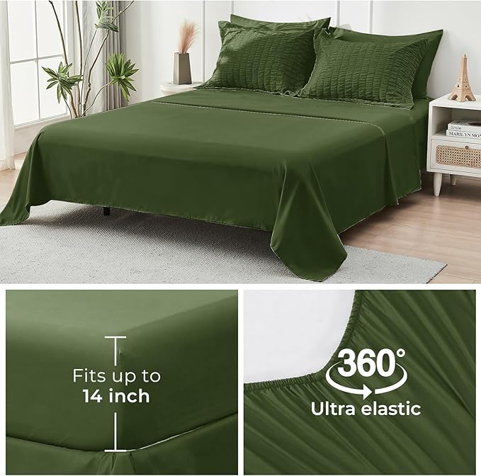 HYMOKEGE Olive Green California King Comforter Set Seersucker 7 Pieces, All Season Luxury Bed in a Bag for Bedroom, Bedding Set with Comforter, Sheets, Pillowcases & Shams