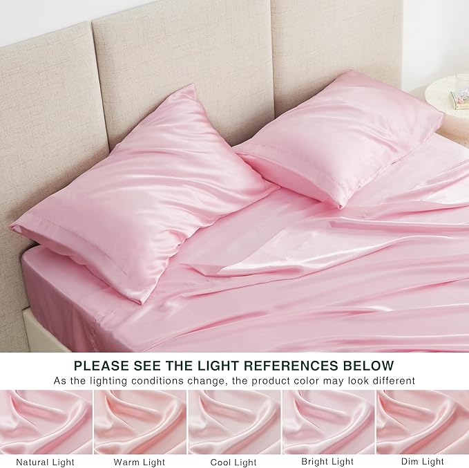 Love's cabin Satin King Sheet Sets - 4 Piece Pink Silky Sheets King Size Bed Set with Deep Pocket, Luxury Silk Feel King Size Satin Sheet Set (1 Flat Sheet,1 Fitted Sheet,2 Pillow Cases)