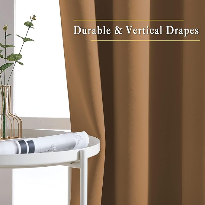 NICETOWN Living Room Curtains 95 inch Long - Sound Reducing Grommet Thermal Insulated Blackout Solid Drapes for Villa/Hall, Gold Brown, 2 Panels, W52 x L95