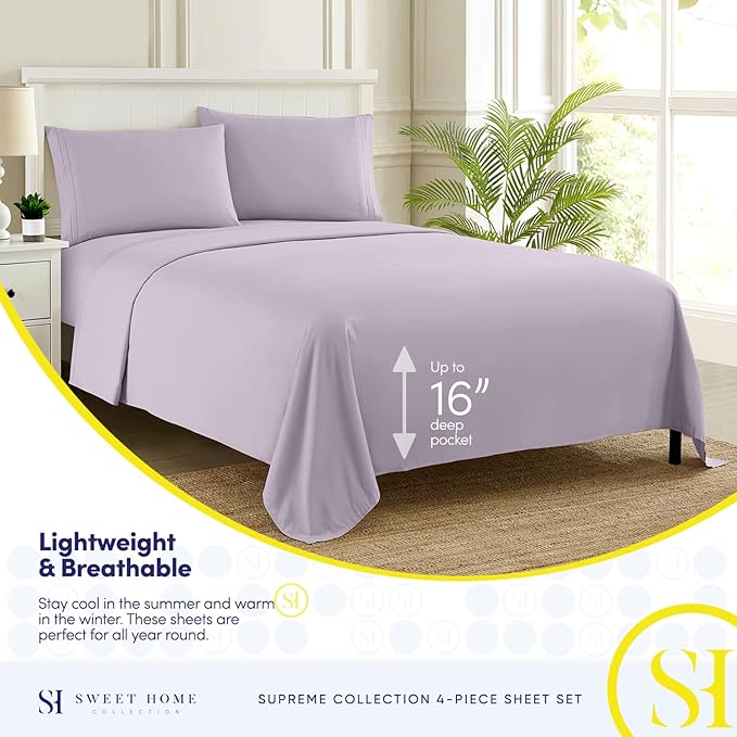 King Size Sheets - Breathable Luxury Bed Sheets with Full Elastic & Secure Corner Straps Built In - 1800 Supreme Collection Extra Soft Deep Pocket Bedding Set, Sheet Set, King, Lilac