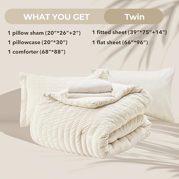 HYMOKEGE Ivory Twin Comforter Set Seersucker 5 Pieces, All Season Luxury Bed in a Bag for Bedroom, Bedding Set with Comforters, Sheets, Pillowcase & Shams