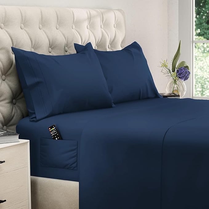 DREAMCARE Queen Sheet Set – 4 pcs Cooling Sheets – up to 21” Extra Deep Pocket Queen Sheets – Hotel Luxury Sheets & Pillowcases – Superior Softness 100% Fine Microfiber with Side Pocket – Navy
