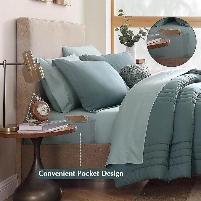 Monbix Full Comforter Set - 7 Pieces Dark Green Bed in a Bag Full Size Bedding Sets with Comforters, All Seasons Down Alternative Comforter with Sheets,Pillowcases & Shams