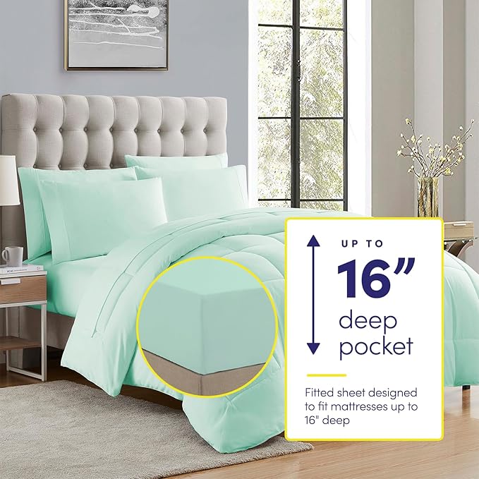 Sweet Home Collection 7 Piece Comforter Set Bag Solid Color All Season Soft Down Alternative Blanket & Luxurious Microfiber Bed Sheets, Mint, Twin