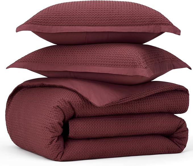 Bedsure Cotton Duvet Cover Queen - 100% Cotton Waffle Weave Maroon Red Duvet Cover Queen Size, GentleSoft™ and Breathable Bedding Set for All Season, 3 Pieces, 90"x90"