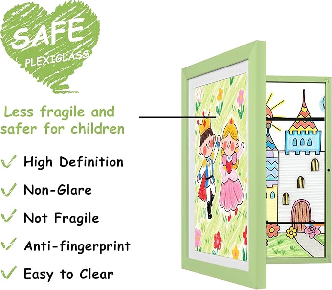KINLINK 10x12.5 Kids Art Frames Set of 2, Solid Wood Kids Artwork Frames Changeable with Acrylic Front Opening Holds 150 Pictures, Art Frame for Kids Artwork with Mat or without Mat, Light Green