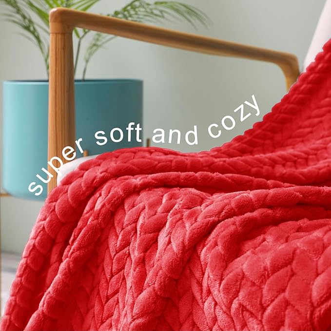 Exclusivo Mezcla Fleece Queen Size Blanket for Bed, 90x90 Inches Soft Cozy Jacquard Flannel Blankets, Lightweight Fuzzy Plush Warm for Winter, Red