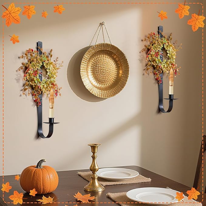 2 Set Rustic Wall Candle Sconces Holder Thanksgiving Fall Decor 18.5" Vintage Metal Wall Mount Candle Holder with Wreath for Farmhouse Living Room Indoor, Only Applicable to LED Candles