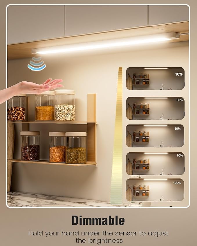 MYPLUS 24 Inch Under Cabinet Lights with Hand Wave, Under Counter Lighting 4000K Natural White,Dimmable,Plug and Play,LED Lights for Kitchen Cabinet, Cupboard, Closet, Desk