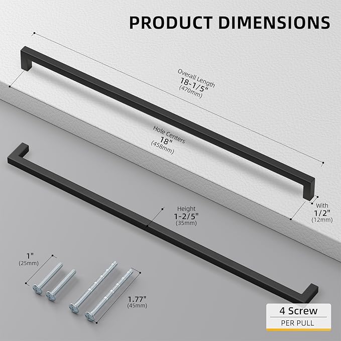 goldenwarm 200 Pack 18 Inch Black Cabinet Handles Matte Black Drawer Pulls Stainless Steel Cabinets Hardware Square Bar Modern for Kitchen Bathroom Cupboard