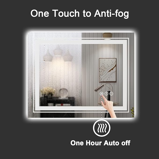 LED Bathroom Mirror, 28"x36" with Front and Backlit, Anti-Fog, Bathroom Vanity Mirror for Wall, Memory Function, Stepless Dimmable, Tempered Glass (Horizontal/Vertical)