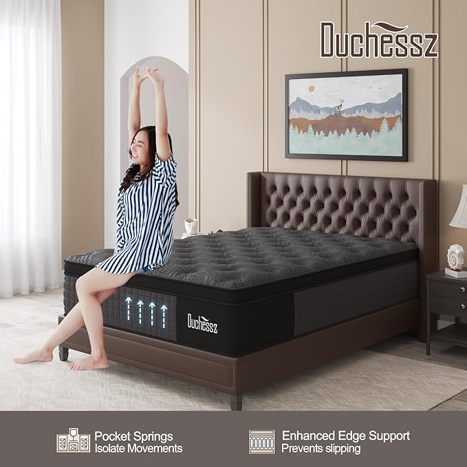 Queen Mattress, 12 Inch Mattresses Hybrid Black with Gel Memory Foam and Individually Pocket Innerspring Euro Top Medium Firm for Motion Isolation, Edge Support