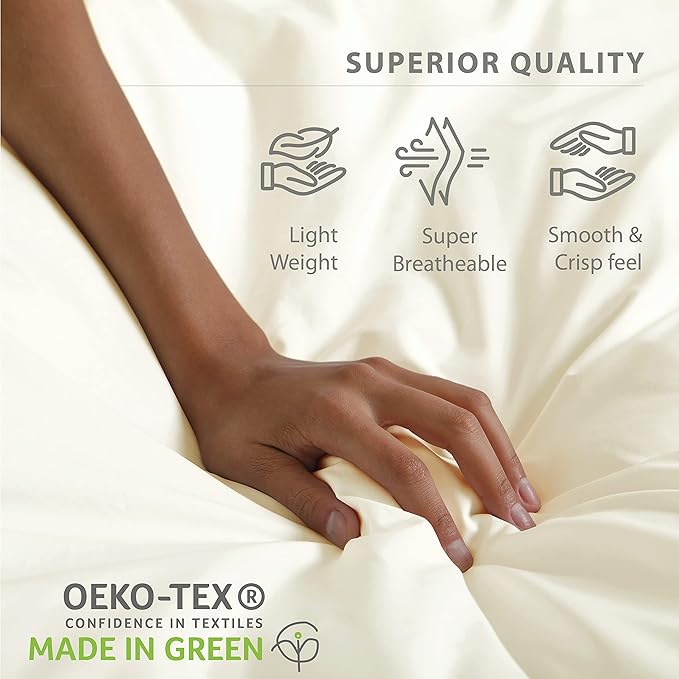Linen Home 100% Cotton Percale Sheets Queen Size, Ivory, Deep Pocket, 4 Pieces Set - 1 Flat, 1 Deep Pocket Fitted Sheet and 2 Pillowcases, Crisp Cool and Strong Bed Linen