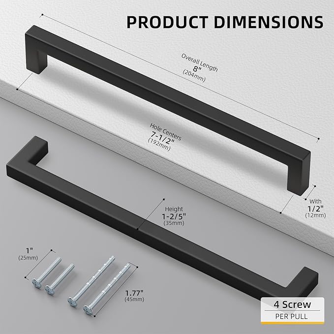Goldenwarm 10 Pack Black Square Bar Cabinet Pull Drawer Handle Stainless Steel Modern Hardware for Kitchen and Bathroom Cabinets Cupboard,Center to Center 7-1/2in(192mm) Black Kitchen Drawer Pulls