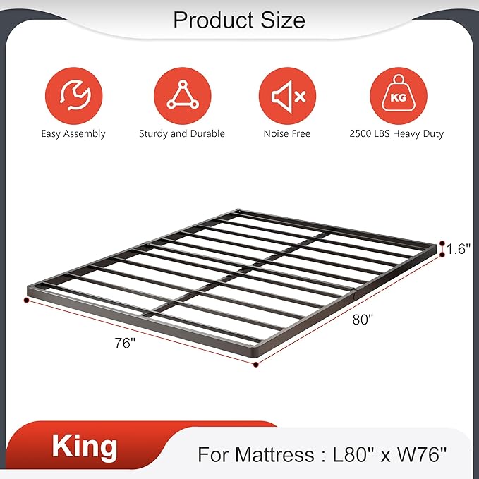 1.6 Inch King Box Spring Low Profile Heavy Duty Metal King Size Box Spring Bed Base Bunkie Board, Sturdy Mattress Foundation, Easy Assembly, Noise Free, Black