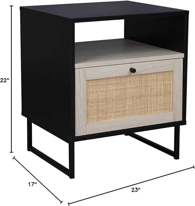 Nathan James Mina Rattan Wood End Side Accent Table Nightstand with Storage for Living Room or Bedroom, 1, Black Oak/Black
