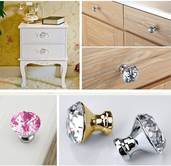 30mm Kitchen Cabinet Knobs Drawer Pull Handle Hardware, Crystal Clear Pink Glass Round Diamond Shape Dresser Closet Bi-fold Door Bathroom Cupboard Desk Nightstand Bookcase Furniture Drawer Knob, 12PCS
