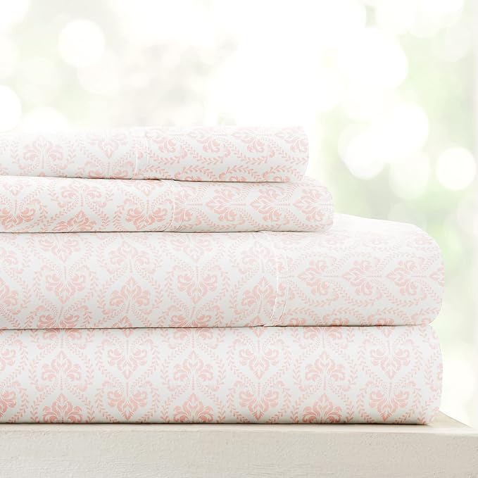 Linen Market 4 Piece King Sheet Set - Breathable, Double-Brushed Patterned Cooling Sheets – Oeko-TEX Certified Ultra Soft & Wrinkle-Free 16" Deep-Pocket King Sheets - Easy Care Classic in Pink