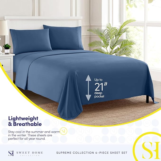 Full Size Sheet Sets - Breathable Luxury Sheets with Full Elastic & Secure Corner Straps Built In - 1800 Supreme Collection Extra Soft Deep Pocket Bedding, Sheet Set, EXTRA DEEP pocket - Full, Denim