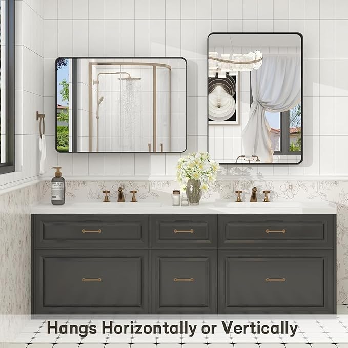 60x40 Inch Black Matte Framed Bathroom Mirror for Wall, Rounded Corner Rectangle Vanity Mirror, Tempered Glass, Anti-Rust, Shatterproof (Horizontal/Vertical)