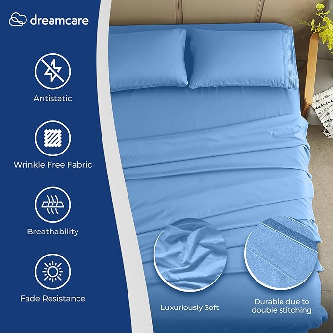 DREAMCARE Twin XL Sheet Sets - 4pc Cooling Sheets XL Twin Sheets - up to 21” Deep Pocket – Hotel Luxury Extra Long 100% Brushed Microfiber with Side Pocket - L. Blue