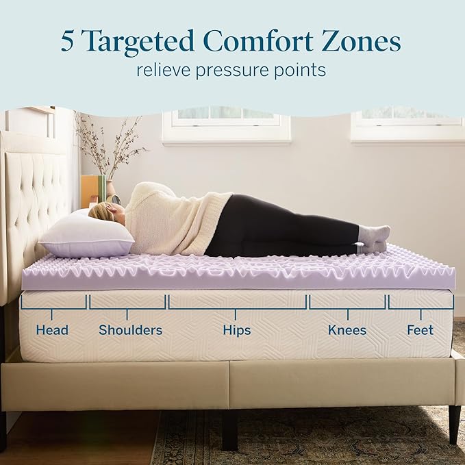 LUCID Lavender Infused 3 Inch Memory Foam Mattress Topper with 5 Zones – California King Size – Plush Feel – CertiPUR Certified – Dorm Room Essentials