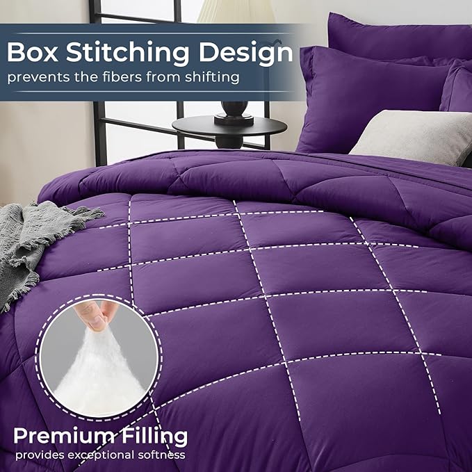 HEVUMYI Purple Full Comforter Set - 7-Piece All Season Bed in a Bag Full, Ultra Soft Bedding Set with Comforter, Flat Sheet, Fitted Sheet, Pillowcases, Pillow Shams
