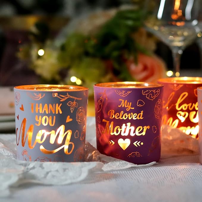 SHMILMH Thanksgiving for Mom from Son Daughter, Mothers Day Table Decoration 4 PCS, Glass Candle Jar Votive Candle Holder for Mother's Birthday Party Decor
