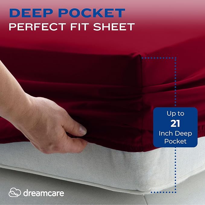 DREAMCARE California King Sheet Sets – 4 pcs Cooling Sheets – up to 21” Deep Cal King Sheets – Hotel Luxury Pillowcases – Superior Softness 100% Fine Microfiber with Side Pocket –Burgundy