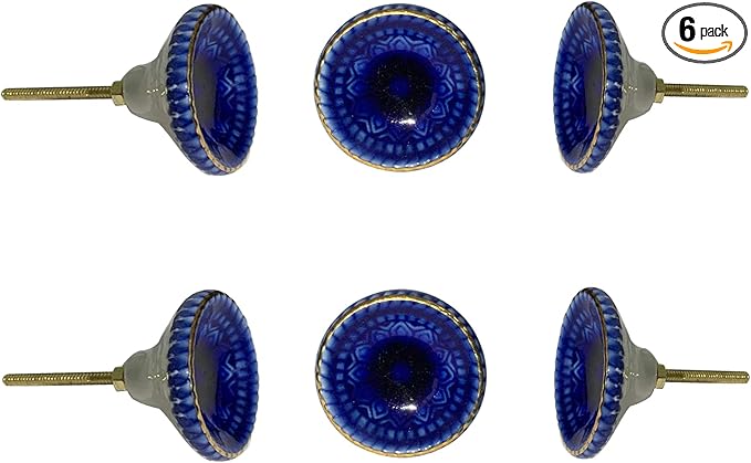 Perilla Home Set of 6 Marrakesh Knob Ceramic Decorative Round Knobs for Home Kitchen Cabinet Hardware Cupboard Glass Door Dresser Wardrobe and Drawer Pulls (Blue)