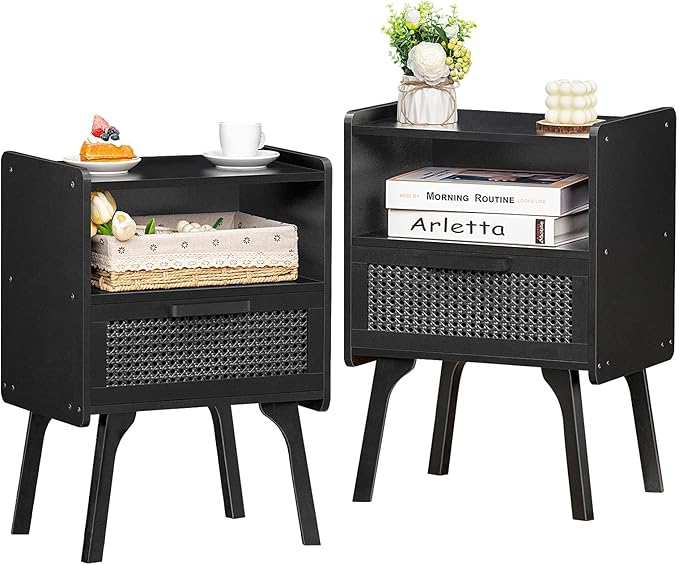 Lerliuo Rattan Nightstands Set of 2, Boho Side Table with Drawer Open Shelf, Cane Accent Bedside End Table with Solid Wood Legs for Bedroom, Dorm and Small Spaces (Black)