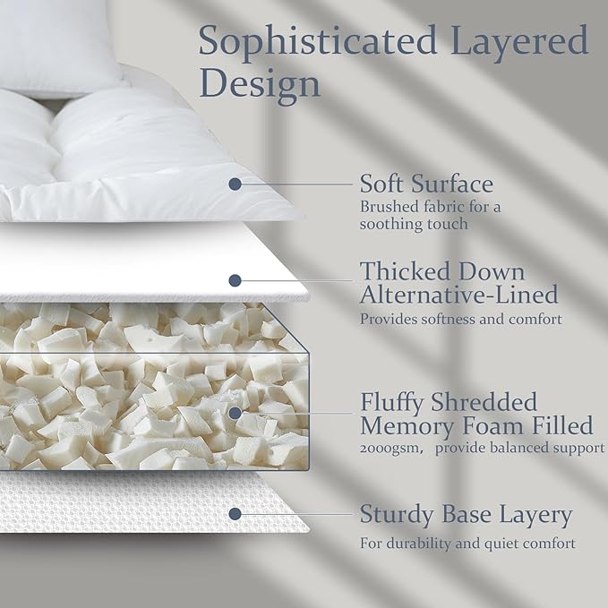 WhatsBedding 5 Inch Memory Foam Mattress Topper Queen for Pressure Relief, 100% Cotton Cover, Comfort Supportive Pillow Top Mattress Topper, 2000GSM Fluffy Shredded Memory Foam Filled