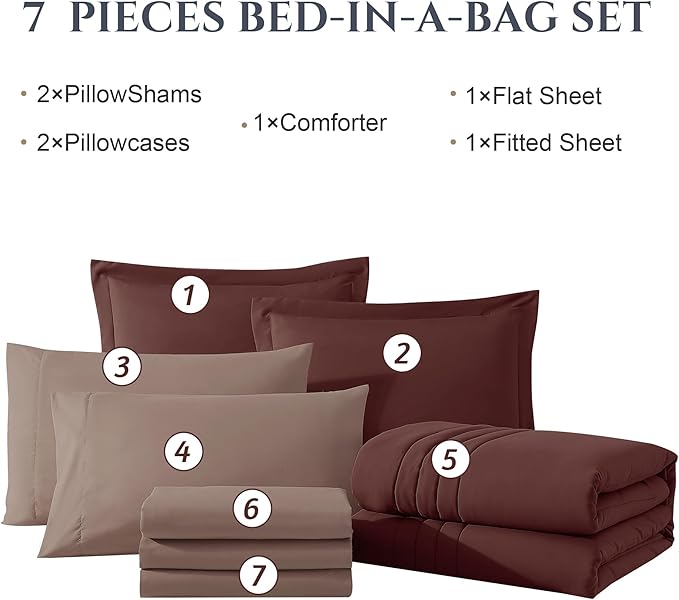 Monbix Full Comforter Set - 7 Pieces Dark Red Bed in a Bag Full Size Bedding Sets with Comforters, All Seasons Down Alternative Comforter with Sheets,Pillowcases & Shams