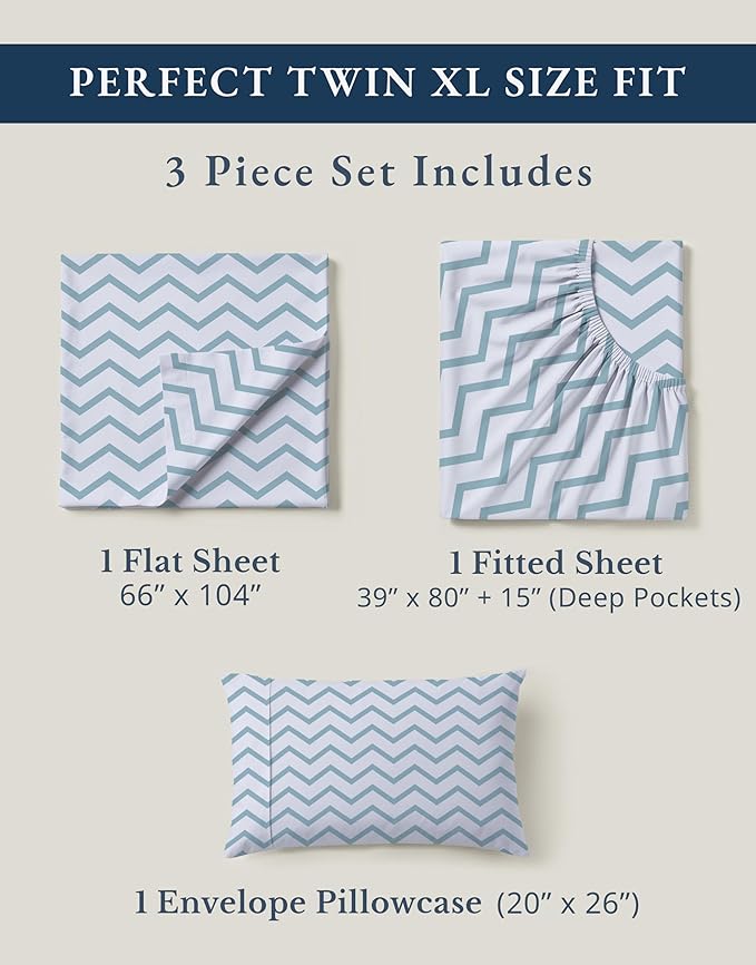 LANE LINEN 100% Cotton Fully Elasticized Twin XL Sheet Set, Printed Fade Resistant Machine Washable Extra Long Twin Bedding Set, Soft & Comfy Printed Cotton Sheets -Chevron
