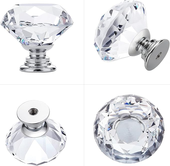 Ravinte 3 Pack Crystal Drawer Knobs - Glass Cabinet Knobs, Diamond Shaped - 30 mm with Silver Base