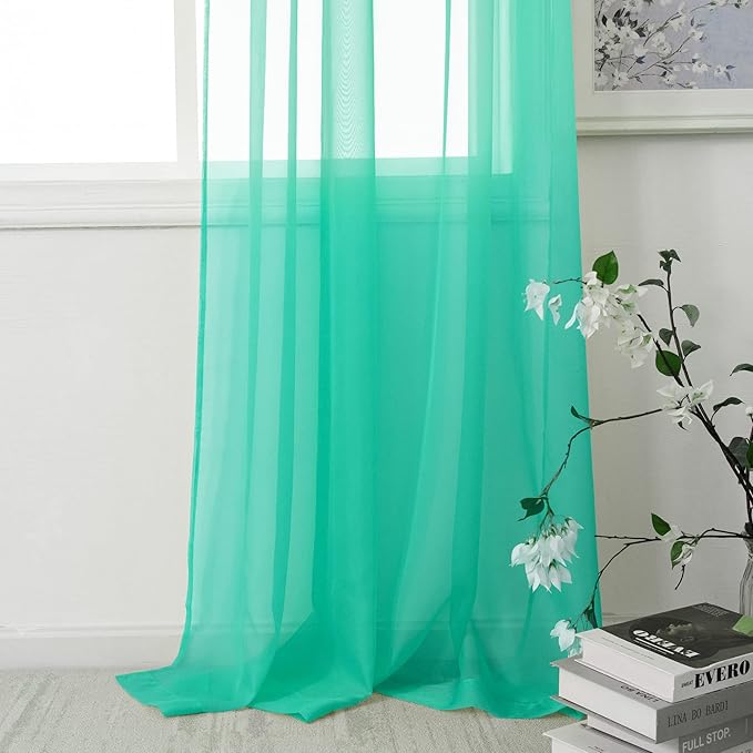 HUTO Turquoise Sheer Window Curtains Panels 52 Inches Wide by 96 Inches Long Rod Pocket Window Sheer Panels Drapes 2 Panels Curtains for Bedroom Living Room Nursery