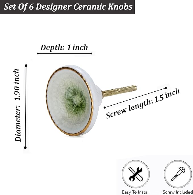 Perilla Home Set of 6 Marrakesh Knob Ceramic Decorative Round Knobs for Home Kitchen Cabinet Hardware Cupboard Glass Door Dresser Wardrobe and Drawer Pulls (Light Green)