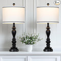 28" Set of 2 Farmhouse Table Lamps for Living room, Bedside Lamp with USB C+A Ports & AC Outlets, Black Vintage End Table Lamps for Bedrooms, Nightstand Lamps Fabric Shades Rustic 2 LED Bulbs Included