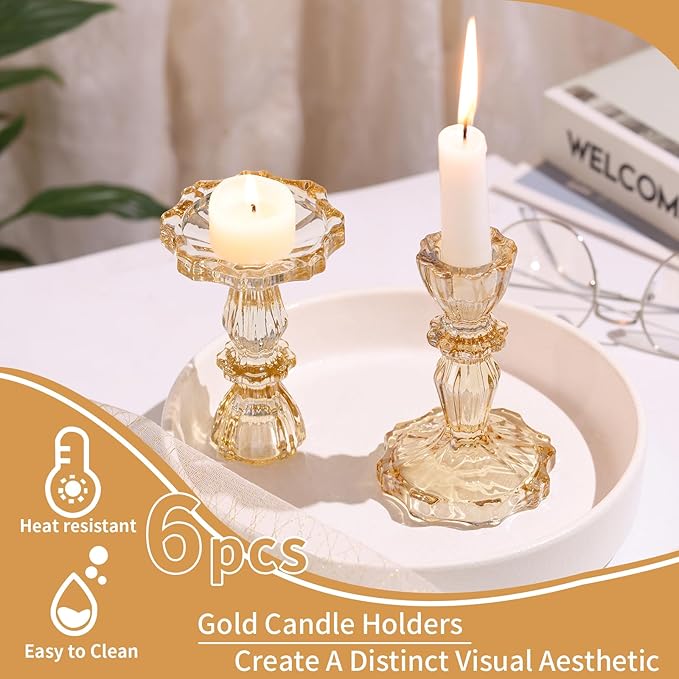 Glass Candlestick Holders Bulk, 6PCS Gold Taper Candle Holders for Table Centerpiece, Gold Tall Candle Stick Holder Stand for Wedding Decorations, Birthday, Christmas Table Decor