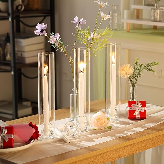 24 Set Christmas Glass Hurricane Candle Holders 12.6" Open Ended Glass Candleholder Tube Shape Bottomless and 2.2" Taper Clear Candlestick Holders for Wedding Party Table Centerpiece (Clear)