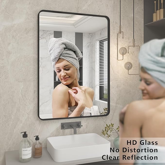 22x30 Inch Black Metal Framed Bathrrom Mirror for Wall, Matte Black Rectangle Mirror, Rounded Corner, Anti-Rust (Horizontal/Vertical)