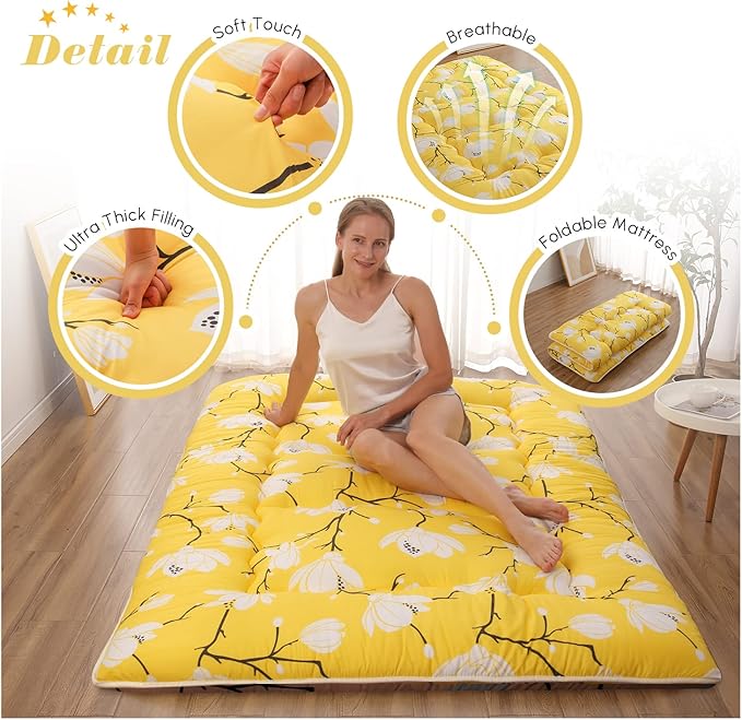 Japanese Floor Mattress, Futon Mattress with Portable Storage Bag and Washable Cover, Roll Up Thick Tatami Mat Suitable for Camping, Guest Room, Yellow Flower, Queen